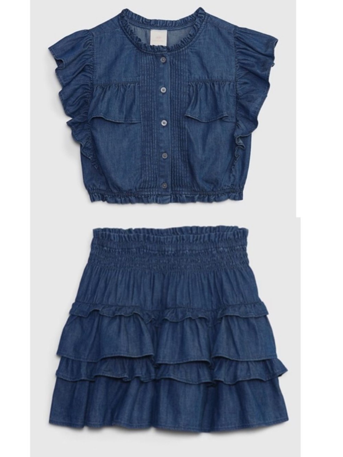 NWT Gap × LoveShackFancy Kids Denim Flippy Skirt and Ruffle Button-Front Top S M