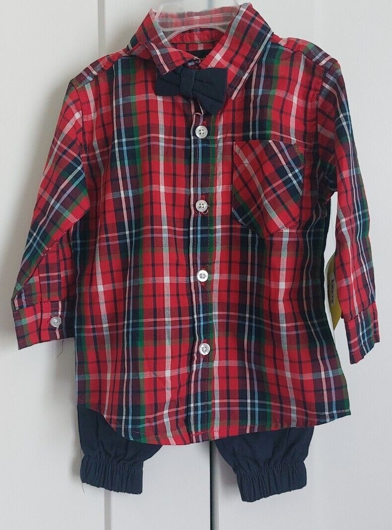 BOYS BUTTONS AND THREAD CHRISTMAS/HOLIDAY PLAID SHIRT & NAVY PANTS W/ BOWTIE NWT