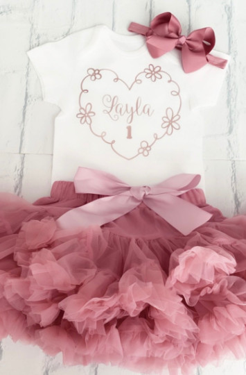 Custom Girls 1st First Birthday Set Tutu Rose Gold Boho Chic Flower Circle One