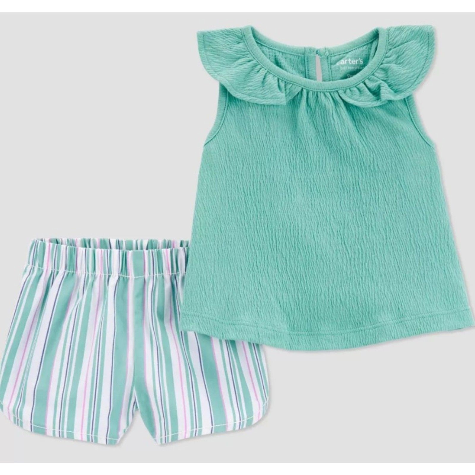 NEW Baby Girls Sz 3 Months Green Shirt & Striped Pull On Shorts 2 Pc Set Outfit