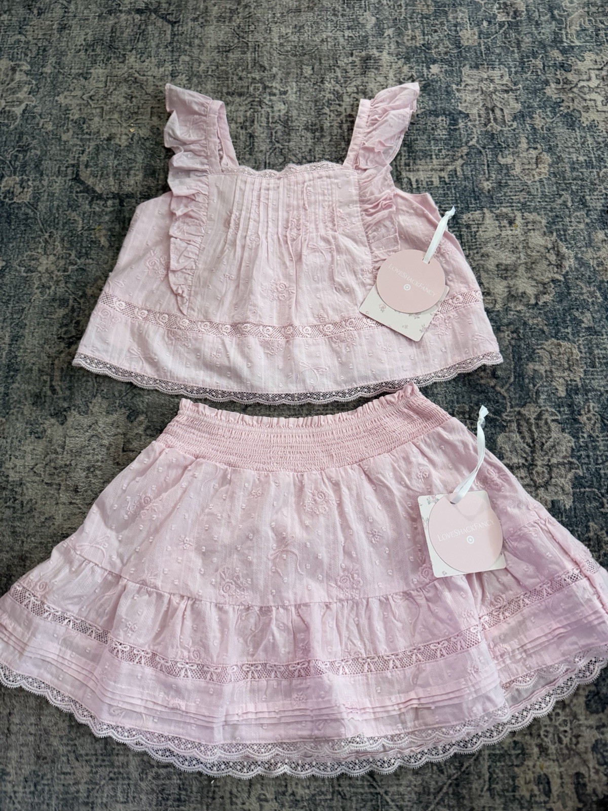 LoveShackFancy Girls 2-Pc Pink Floral Lace Ruffle Top Skirt Set 8