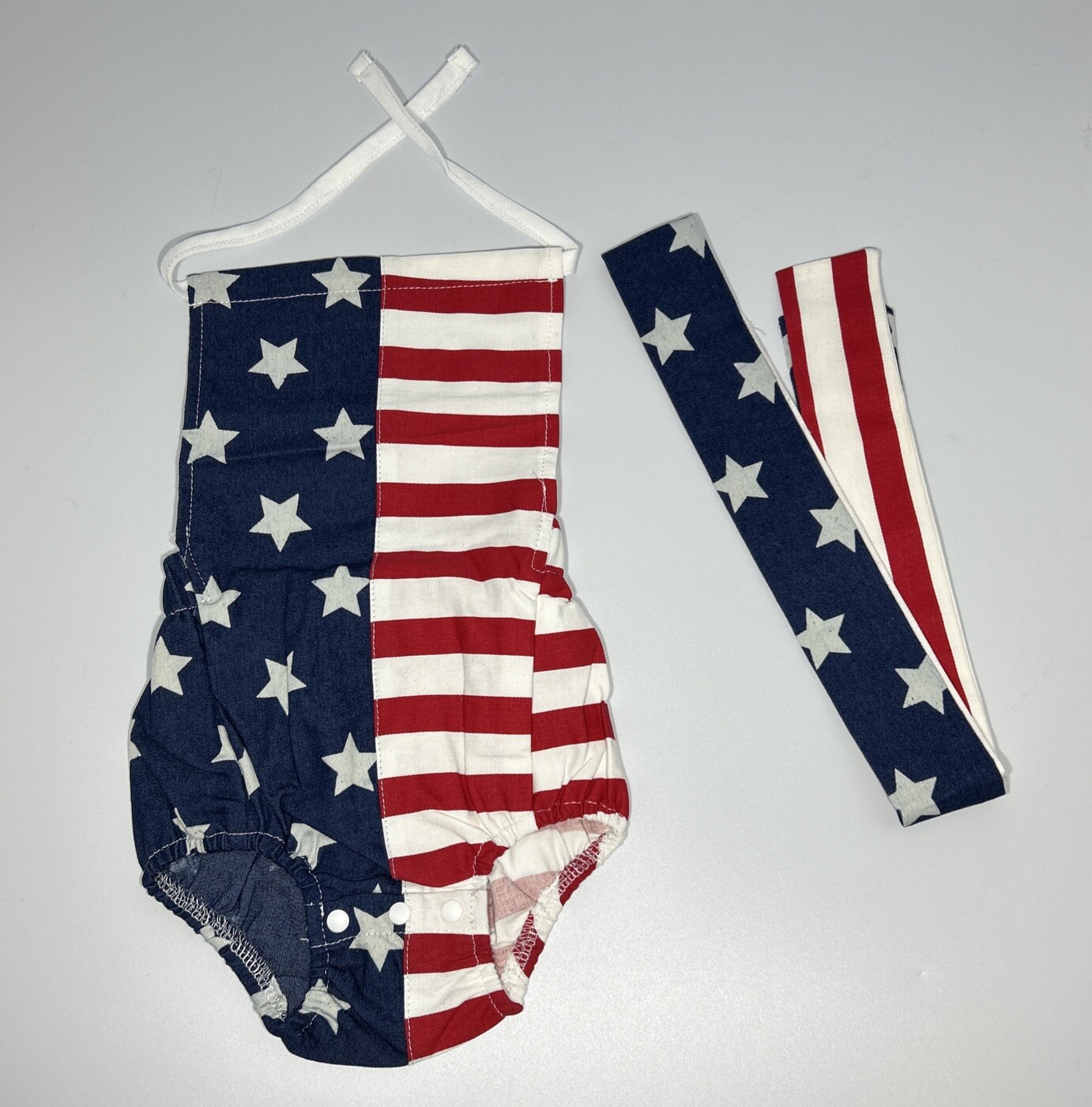 🍃Baby Girls Outfits 4th Of July Star Straps Romper Headband 2Pcs Set /0-6Months