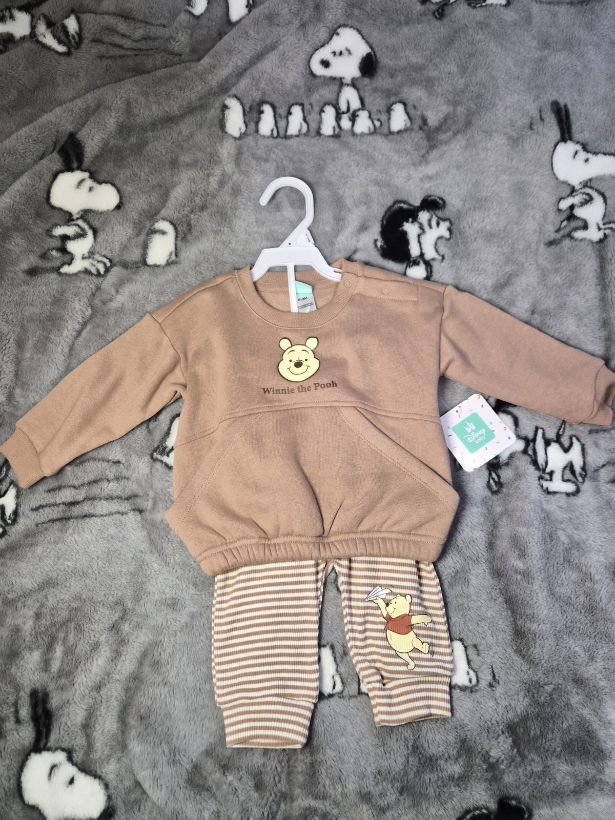 6/9 Months Winnie the Pooh Sweater And Striped Ribbed Pants Set – New