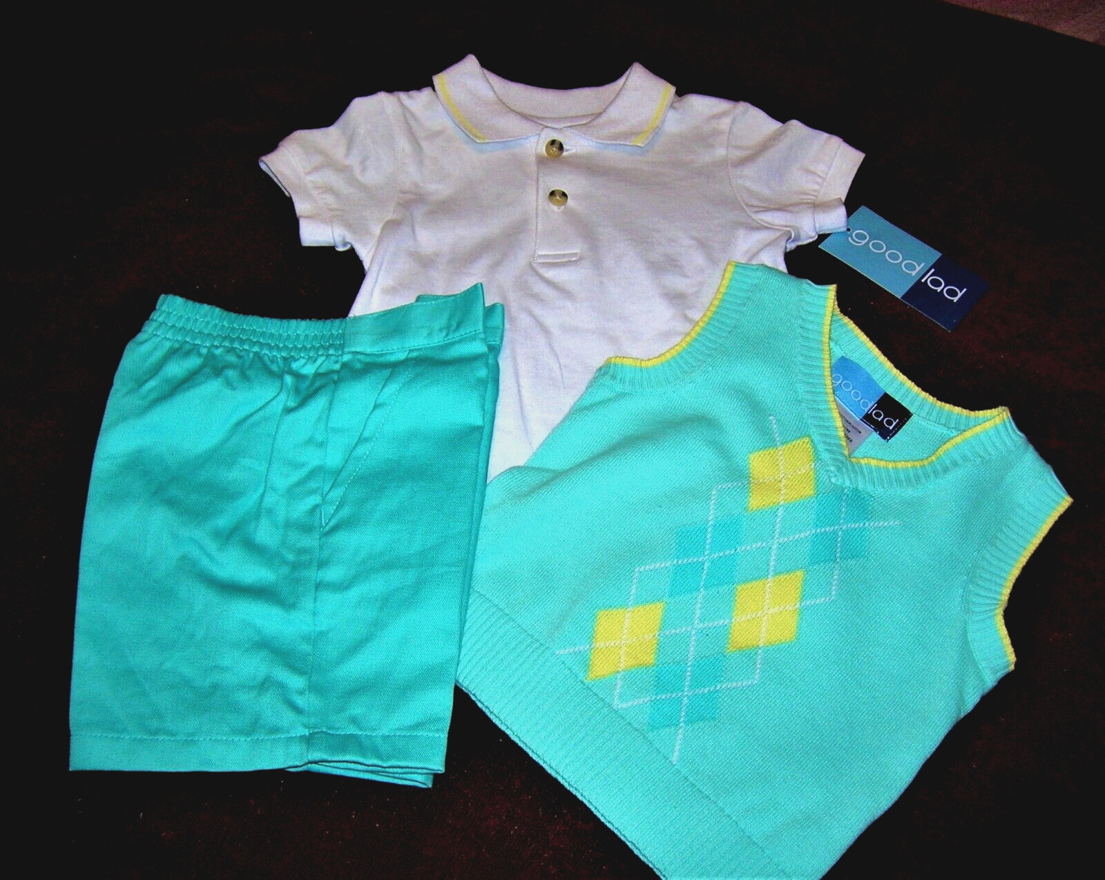 NWT 3‑Pc Good Lad 12M Boys Argyle Sweater Vest Polo & Shorts Outfit MSRP $48 🩵