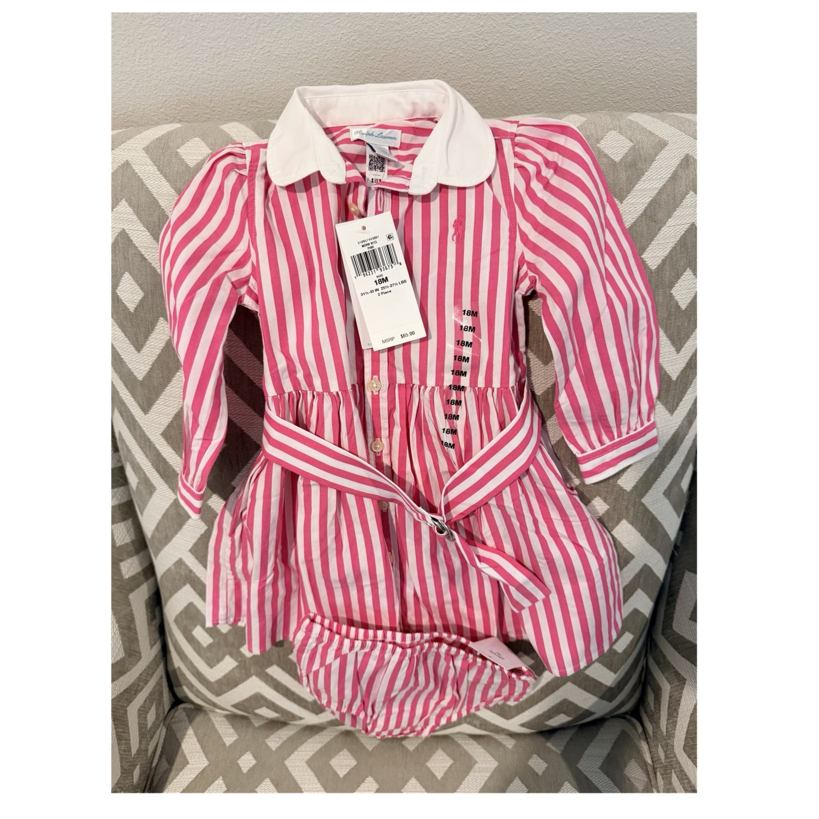 Ralph Lauren 2-Piece Pink White Striped Dress & Bloomers Set 18M Cotton Logo