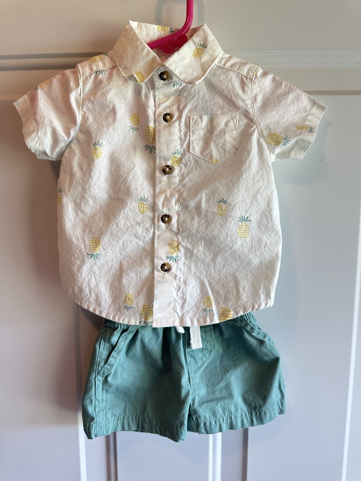 Baby Boys 3 mo CARTERS 2pc Button Up PINEAPPLE Dress Shirt & Green Shorts Outfit