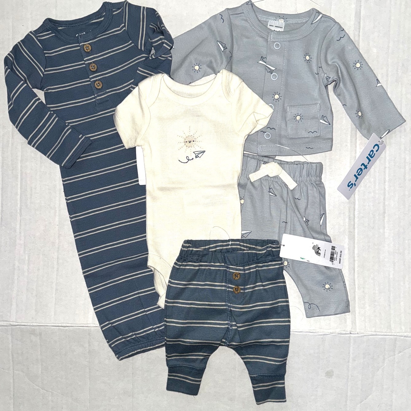 CARTERS 5 piece set white/blue/striped AIRPLANE motif size PREEMIE