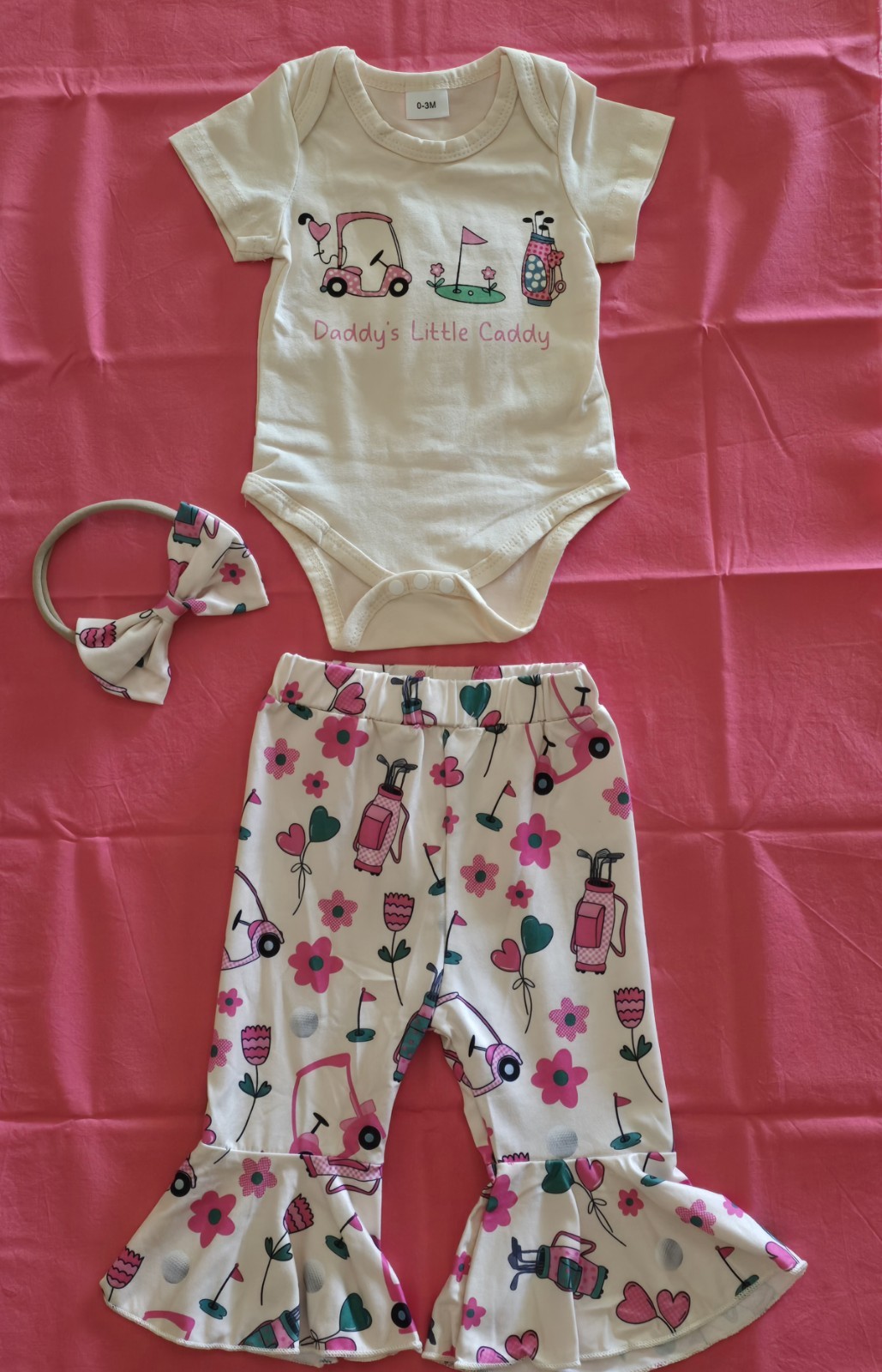 3pc Baby Girls 0-3M Golf Outfit Set: Bodysuit, Floral Ruffle Pants, Bow