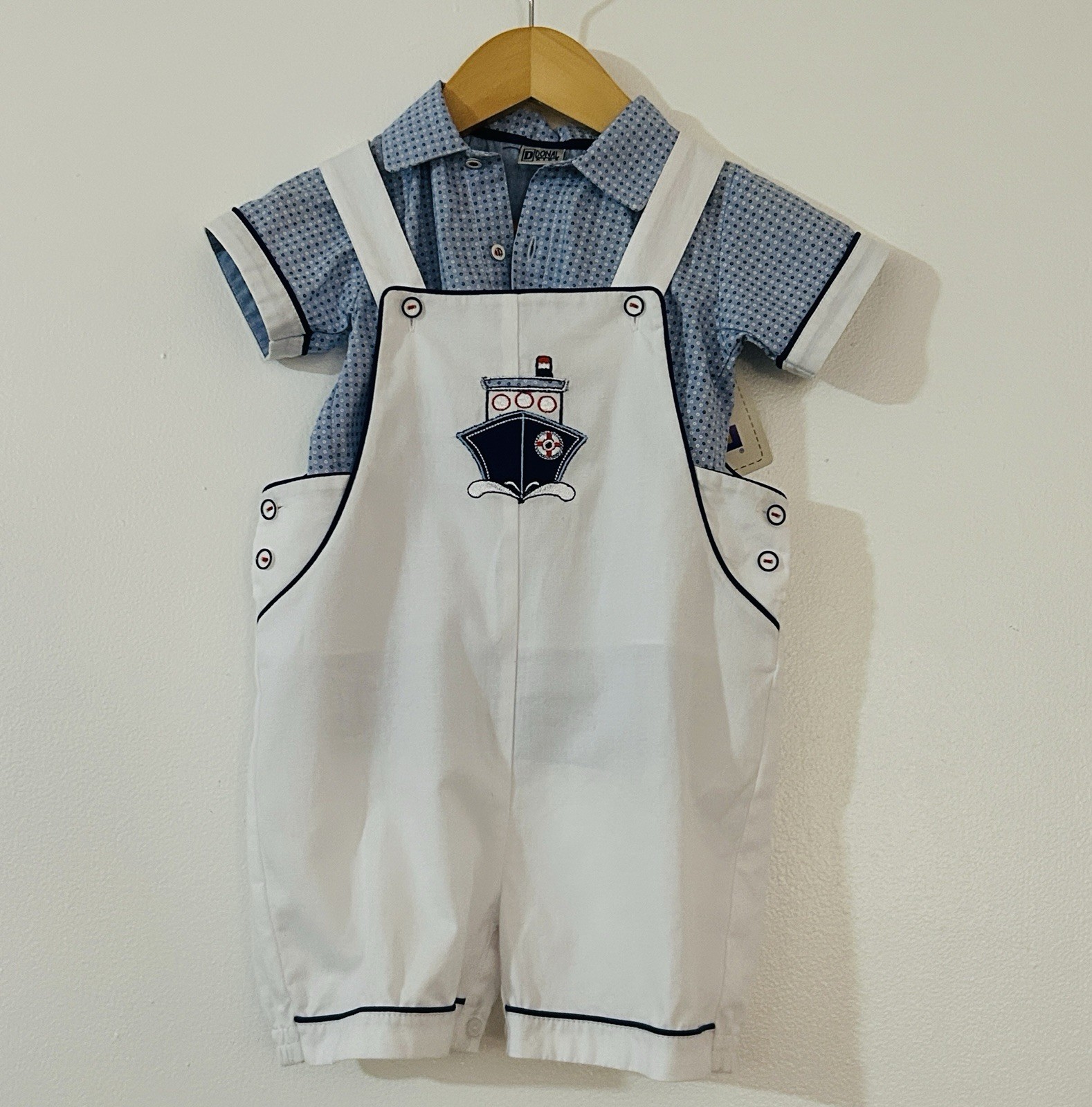Boys John John 2 piece Outfit 18 Months NEW Tug Boat Romper Shirt Gift White Blu
