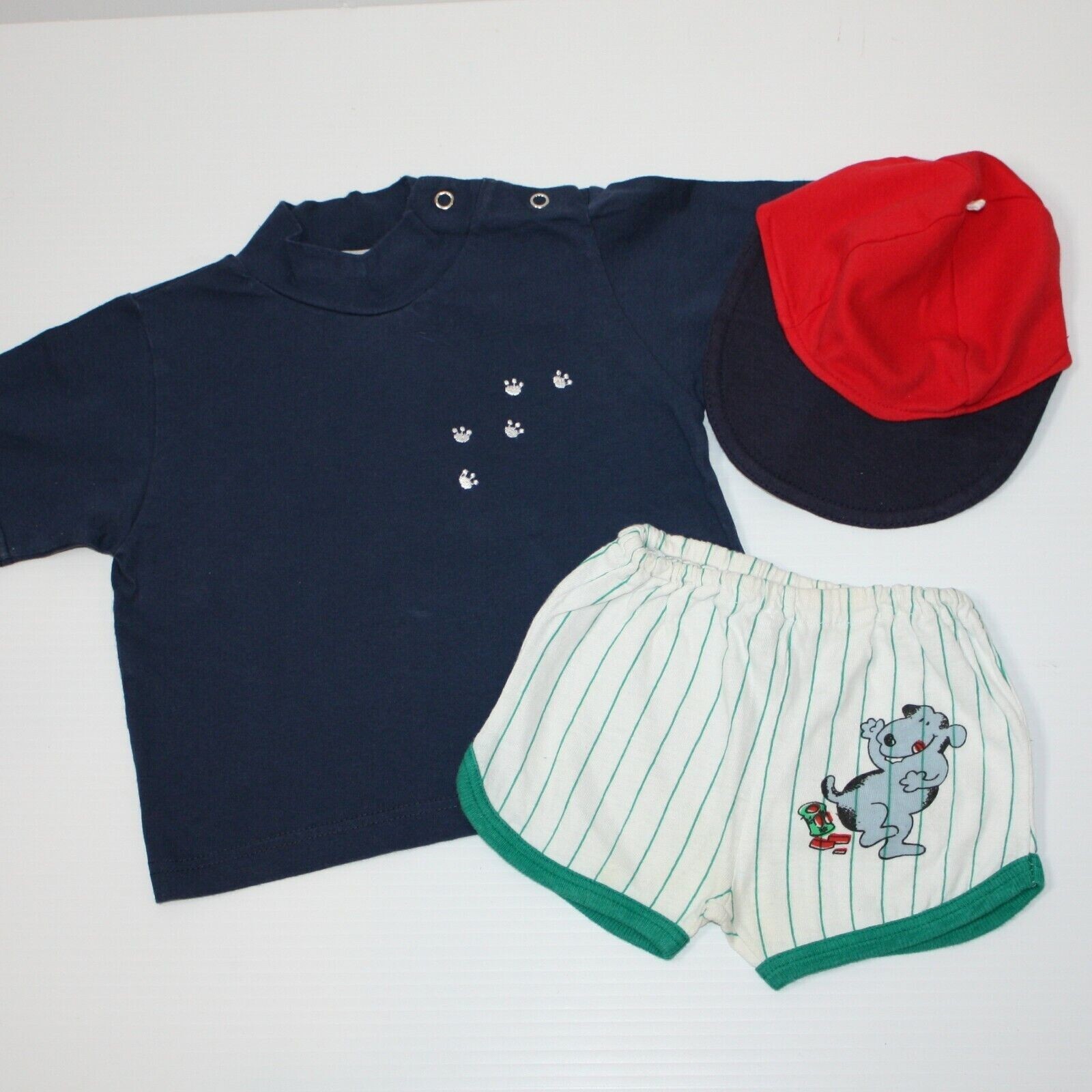 Boy’s 3 Piece Puppy Dog Theme Outfit Navy Blue T Shirt Shorts Hat size 9 months