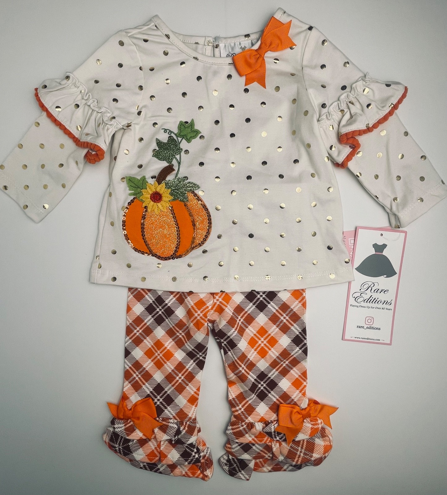NWT Rare Editions Thanksgiving Fall Outfit 6/9m Pumpkin Gold polka dots 2pc $34