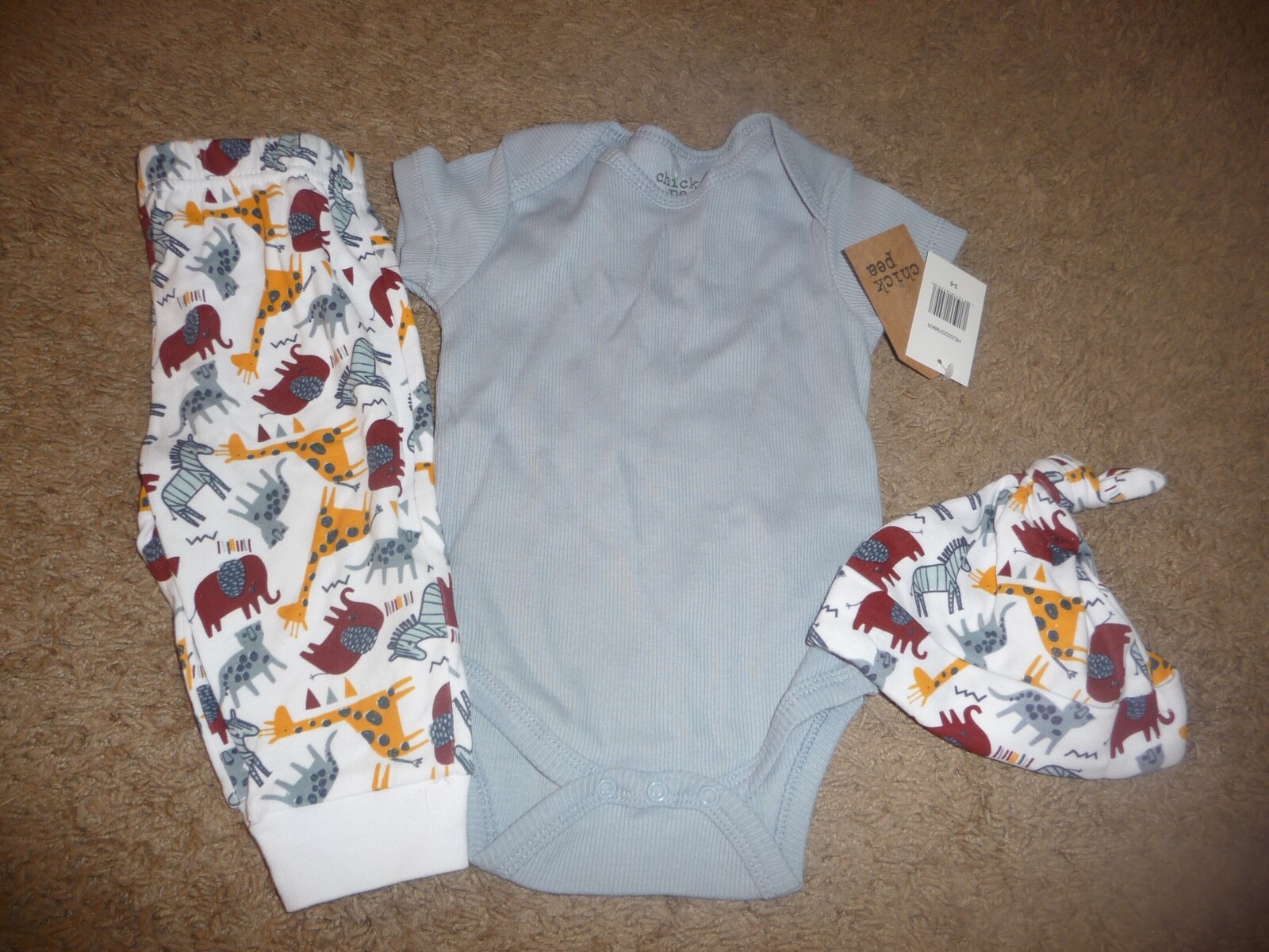 NEW NWT Chick Pea boys size 3-6 months cute 3 piece pant set safari animals