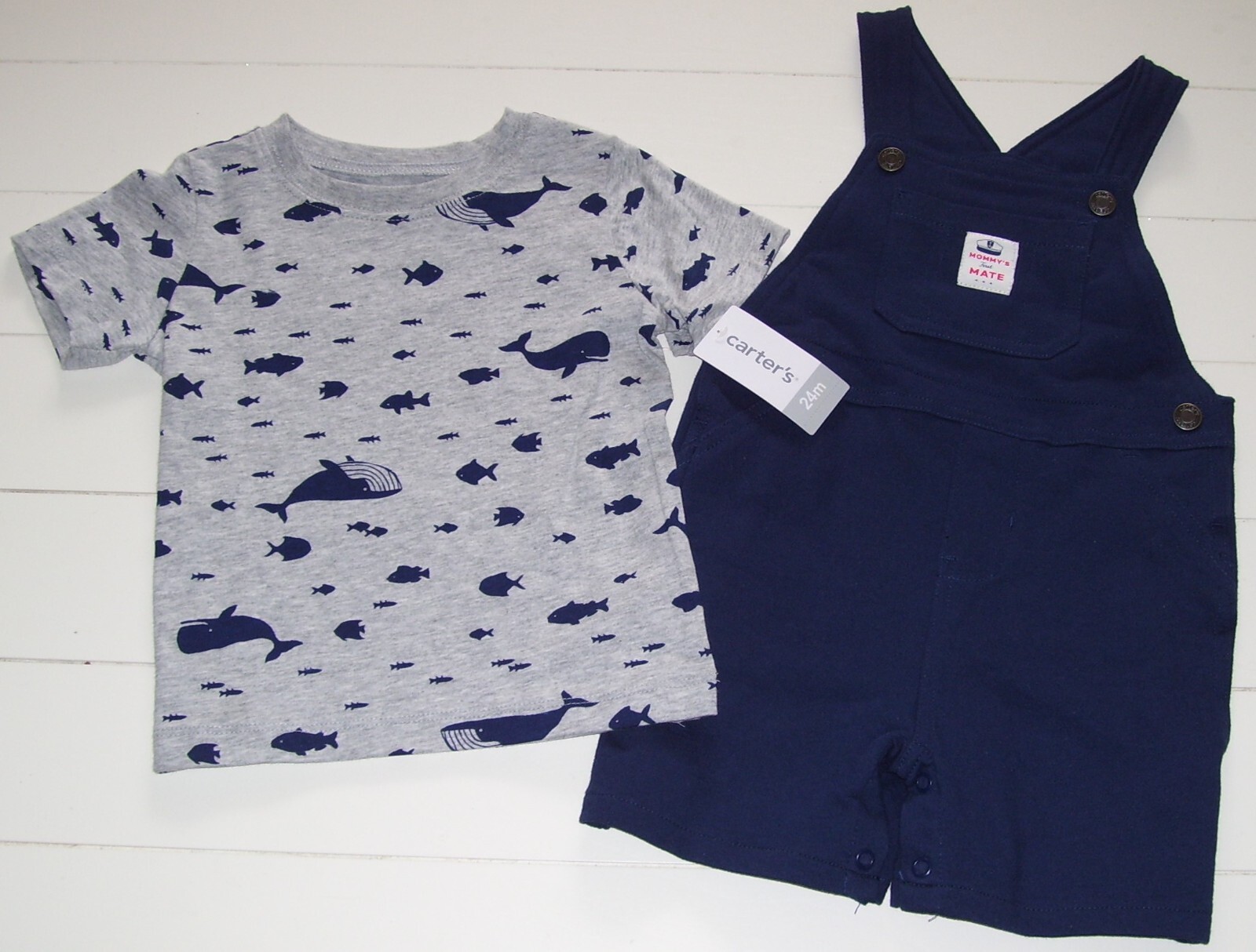 Carter’s 2 Pc Blue Gray Whale Shark Shirt and Mommy’s First Mate Shortalls 24M