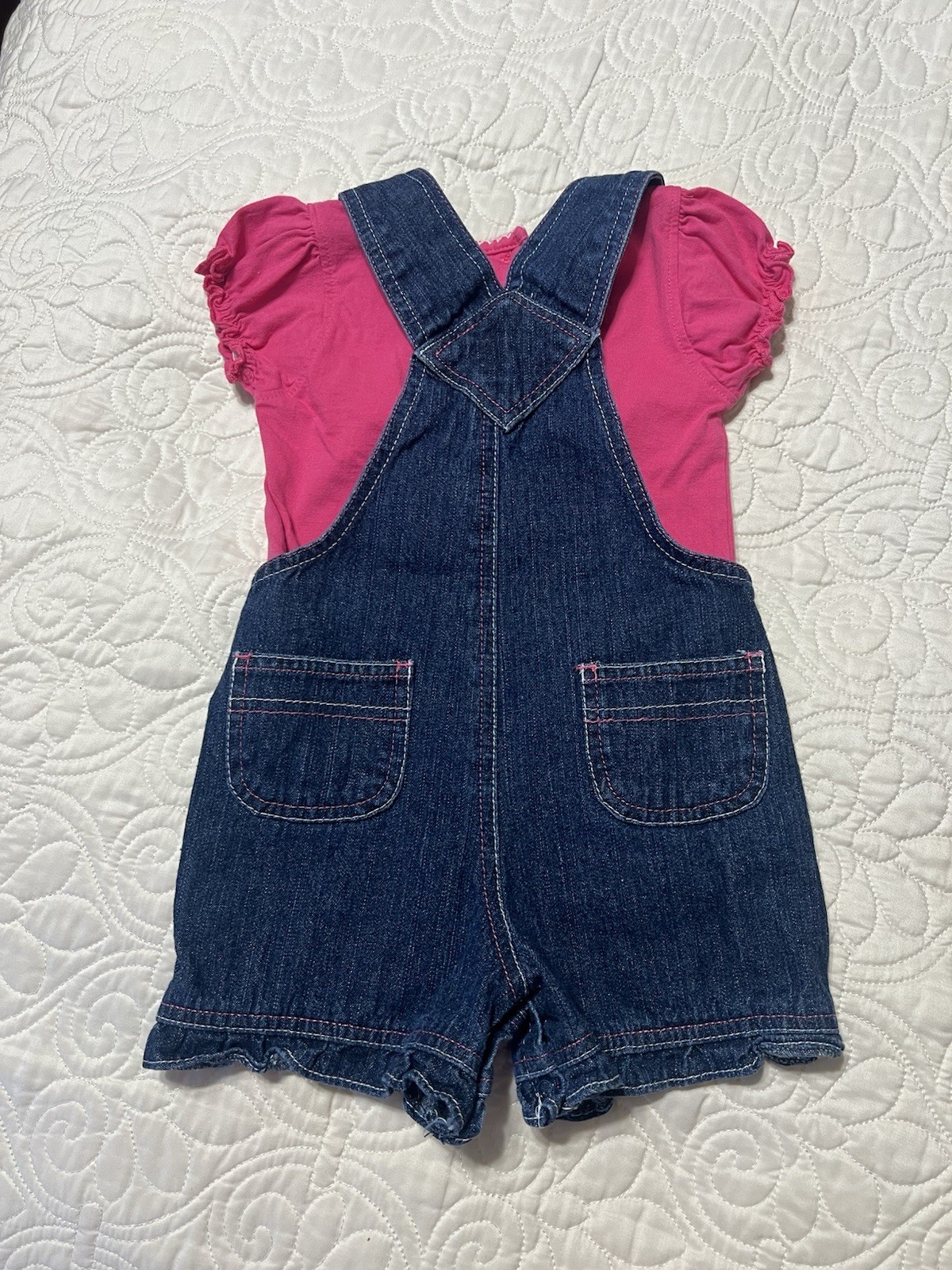 Young Hearts Girls Denim Bib Overall Shorts with Floral Embroidery Sz 24M