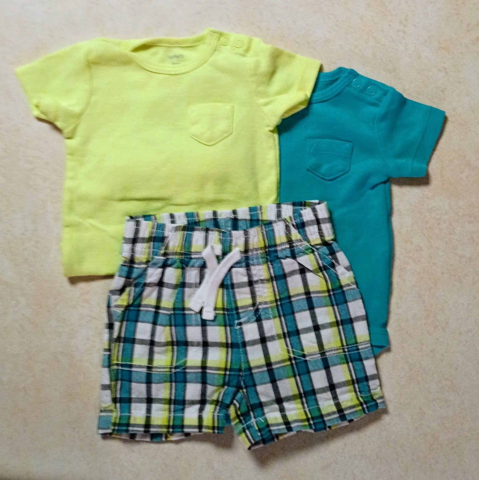 Baby Boy 3 Piece Short Set Plaid Pocket Tee Snaps Teal Yellow SS Size 6 Months