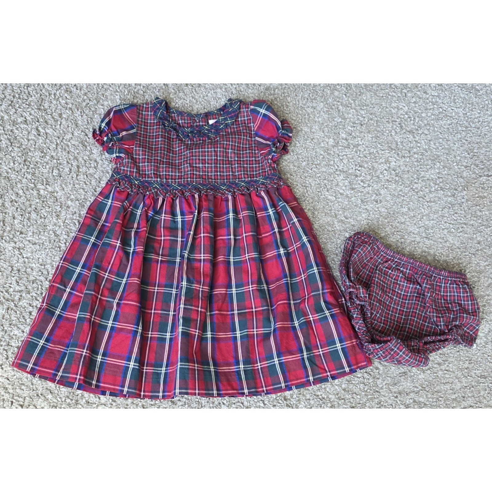 Chaps 9m Red Plaid Dress With Smocked Top and Puffed Sleeves With Diaper Cover