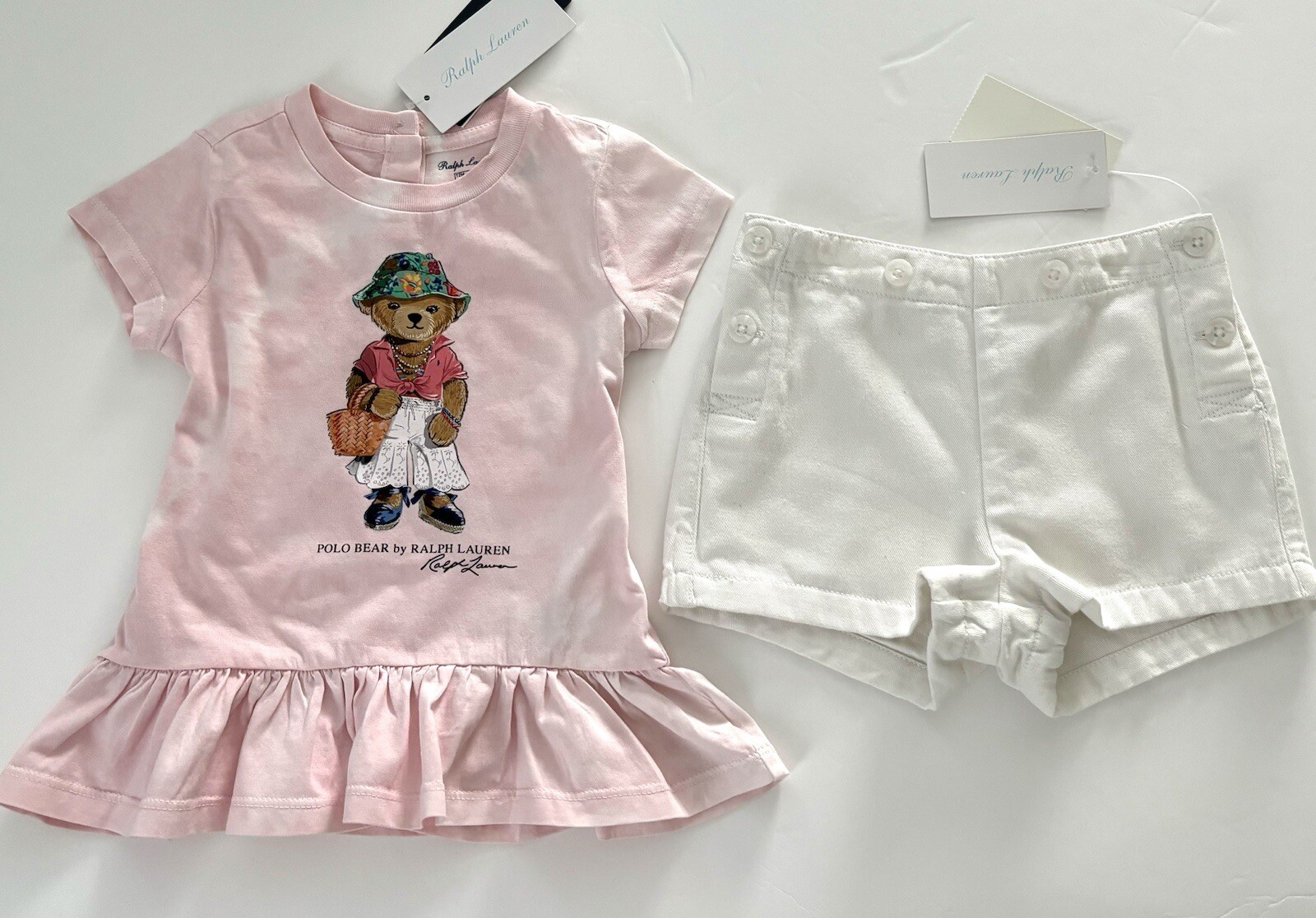 NWT, Baby Girls Ralph Lauren SET of 2. Polo Bear T-Shirt +Shorts. Size 24 Months