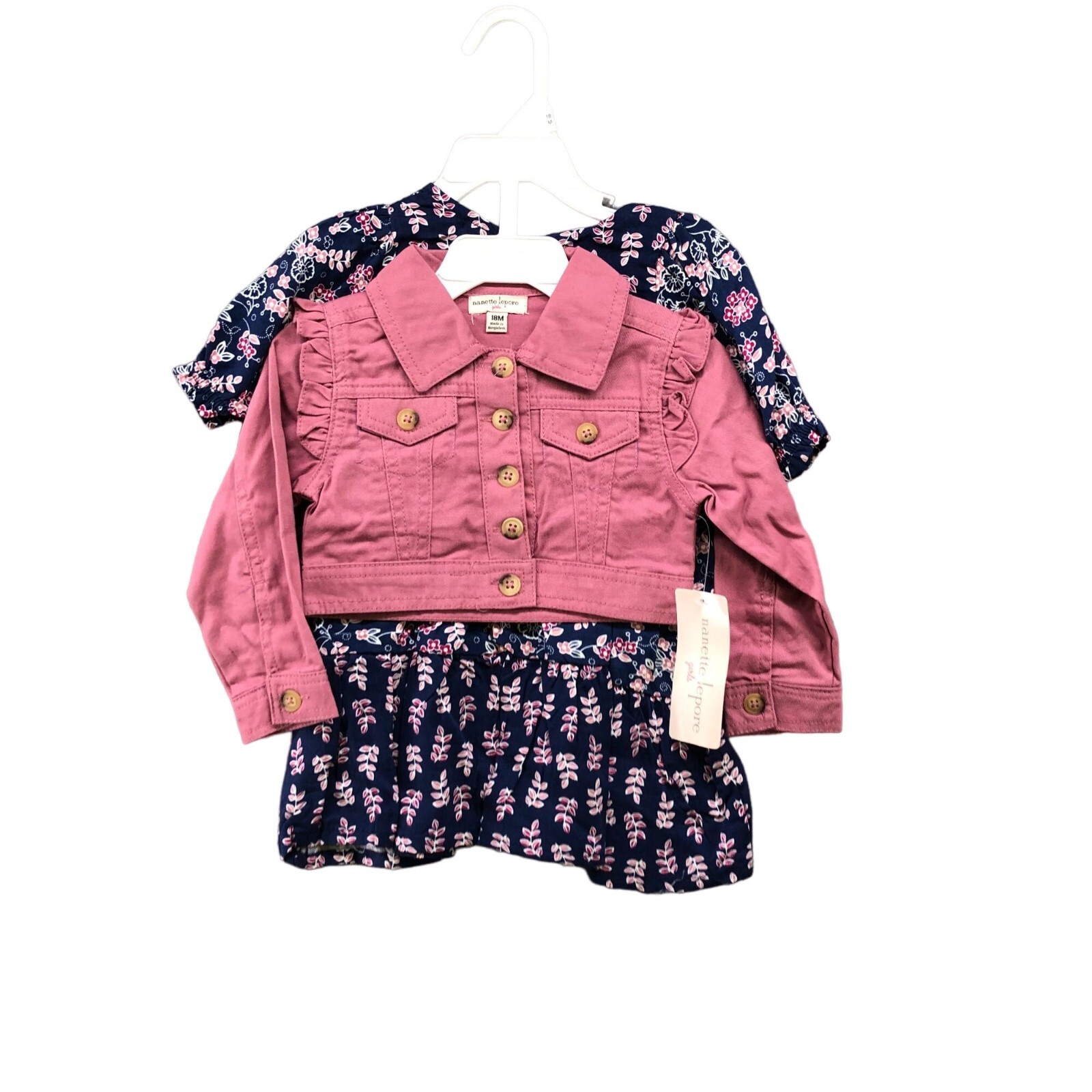 NWT Nanette Lepore Girls 18M Outfit Pink Ruffle Jean Jacket Blue Floral Dress