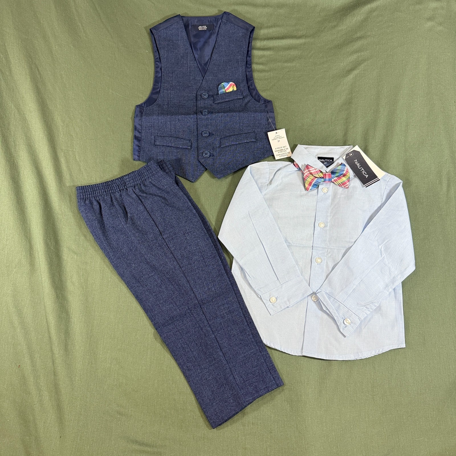 Nautica Boys 4 Piece Suit Set 3T Blue Vest Pants Shirt Bow Tie New