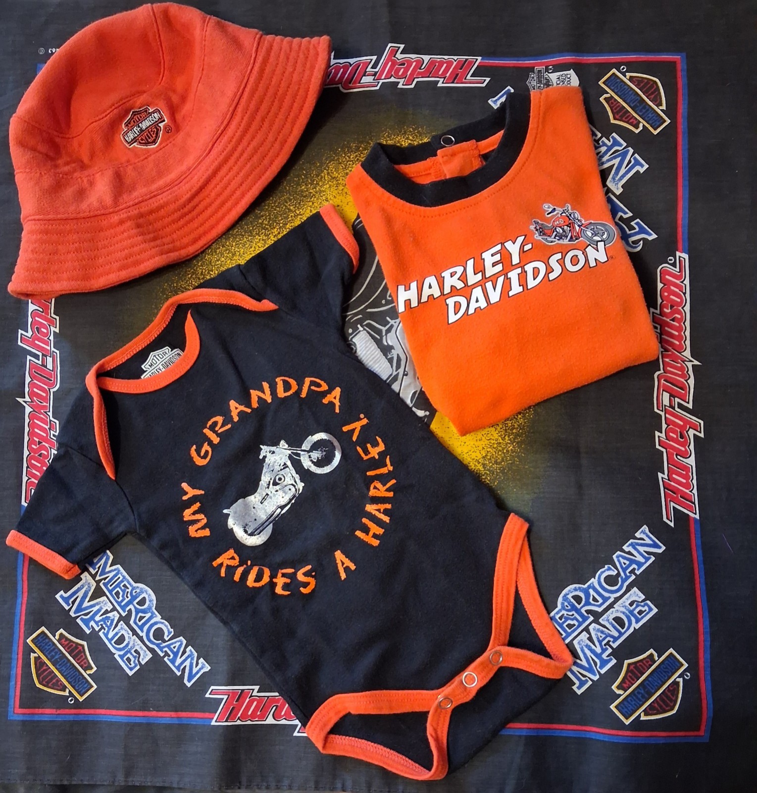 Harley Davidson Infant Boy 3-6/9-12 Months Bodysuit Shirt Hat Lot Of 3 HD Baby