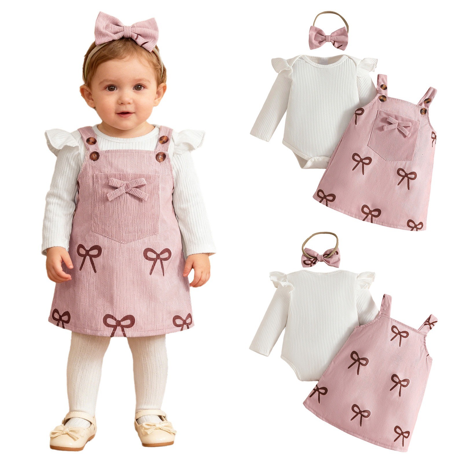 Baby Girls Romper With Overall Dress Ruffled Headband Bodysuit Jumpsuit Casual