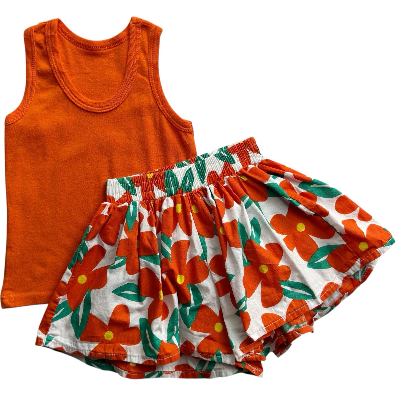 2 Piece Summer Outfit Orange Tank Top & Floral Skort Set Toddler Girl 2T – 3T