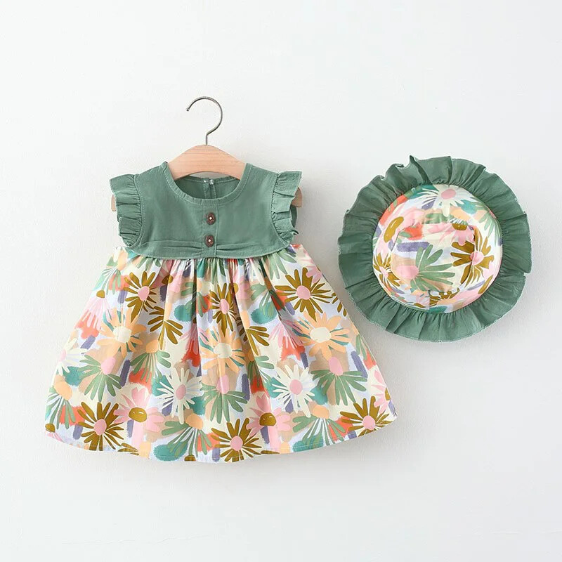 2Piece Set Summer Toddler Dresses Girls Sleeveless Dress+Hat Baby Clothes Outfit