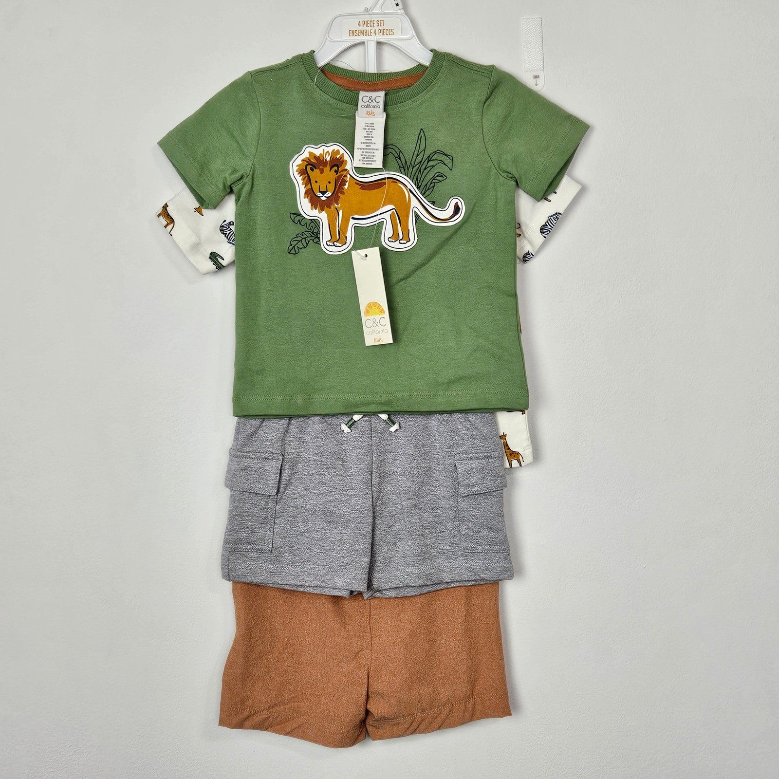 C&C California Kids 4 Piece Safari Lion T-Shirt and Shorts Set 18M Green Orange