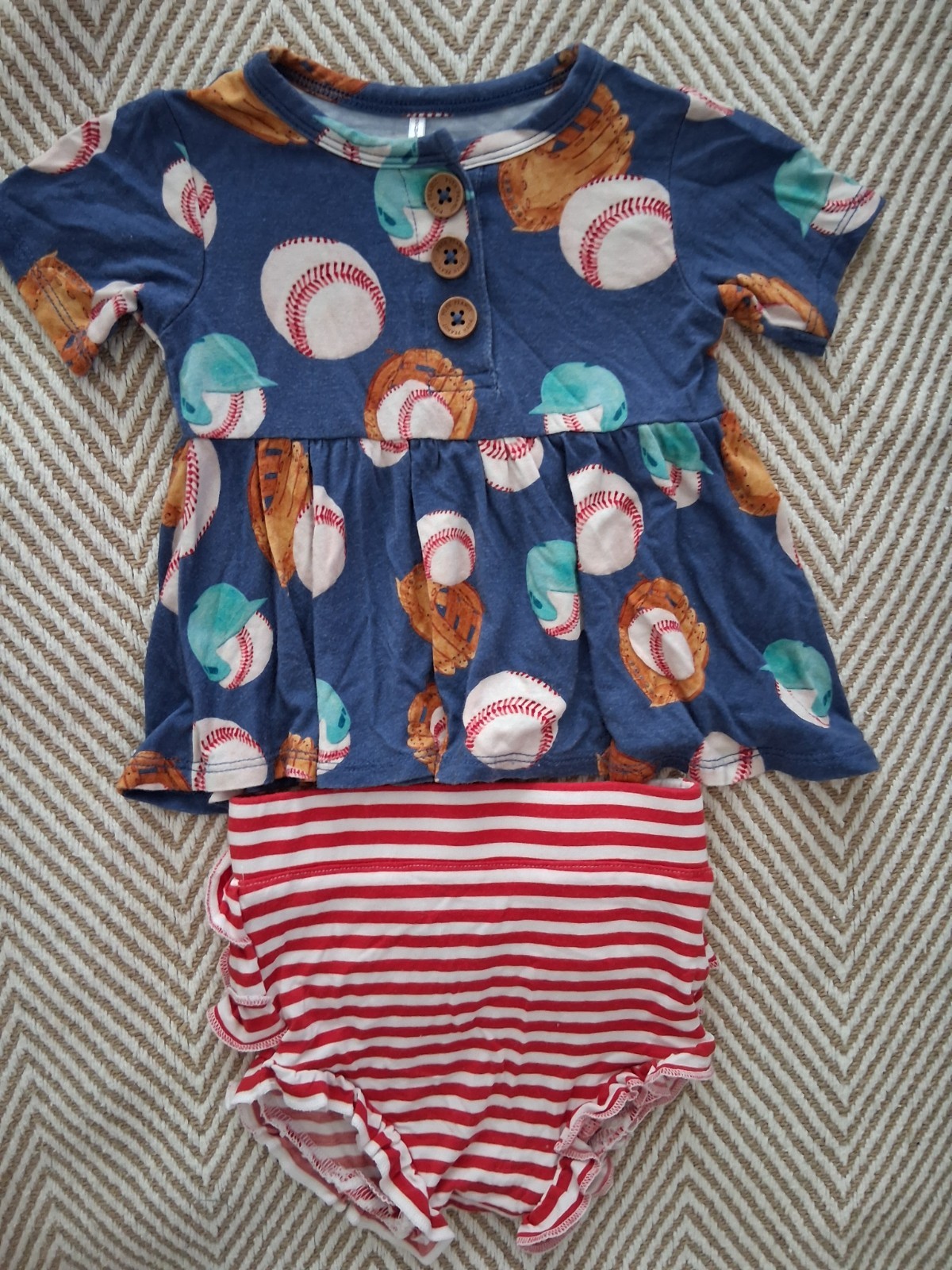 Posh Peanut Baby Girl Baseball Outfit Ruffle Butt 2 Piece Set Bamboo Soft 3-6 M