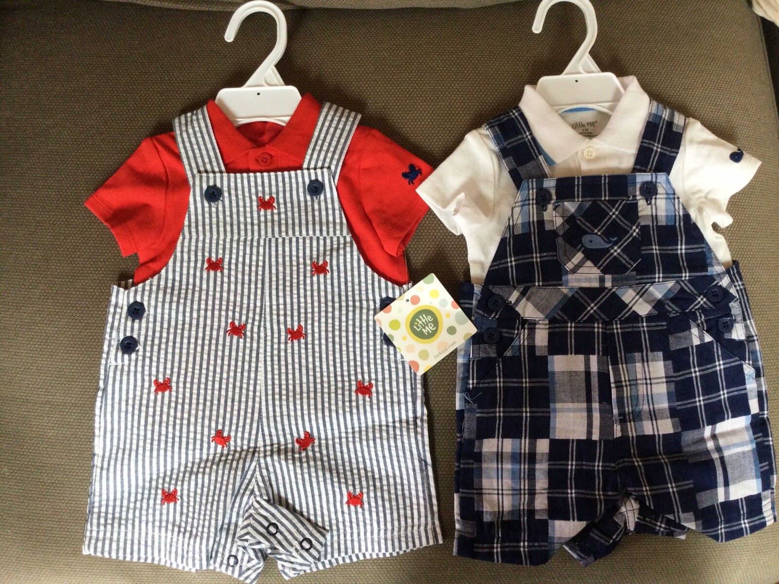 NWT Little Me Boys Woven Sz 3m Plaid & Crab Shortall Set Lot Of 2 Styles