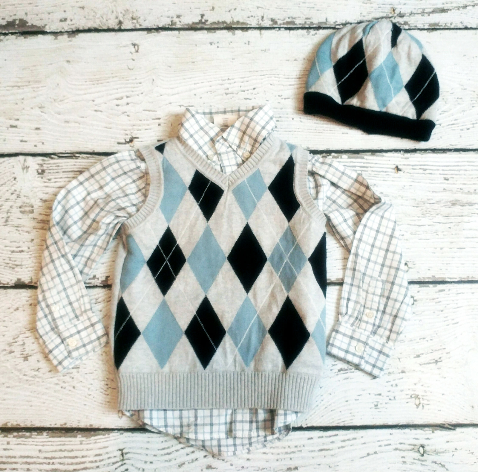 CRAZY 8 Size 4 5 Boys Gray Argyle Vest, Plaid Button Up Shirt Hat Easter DC-TT20
