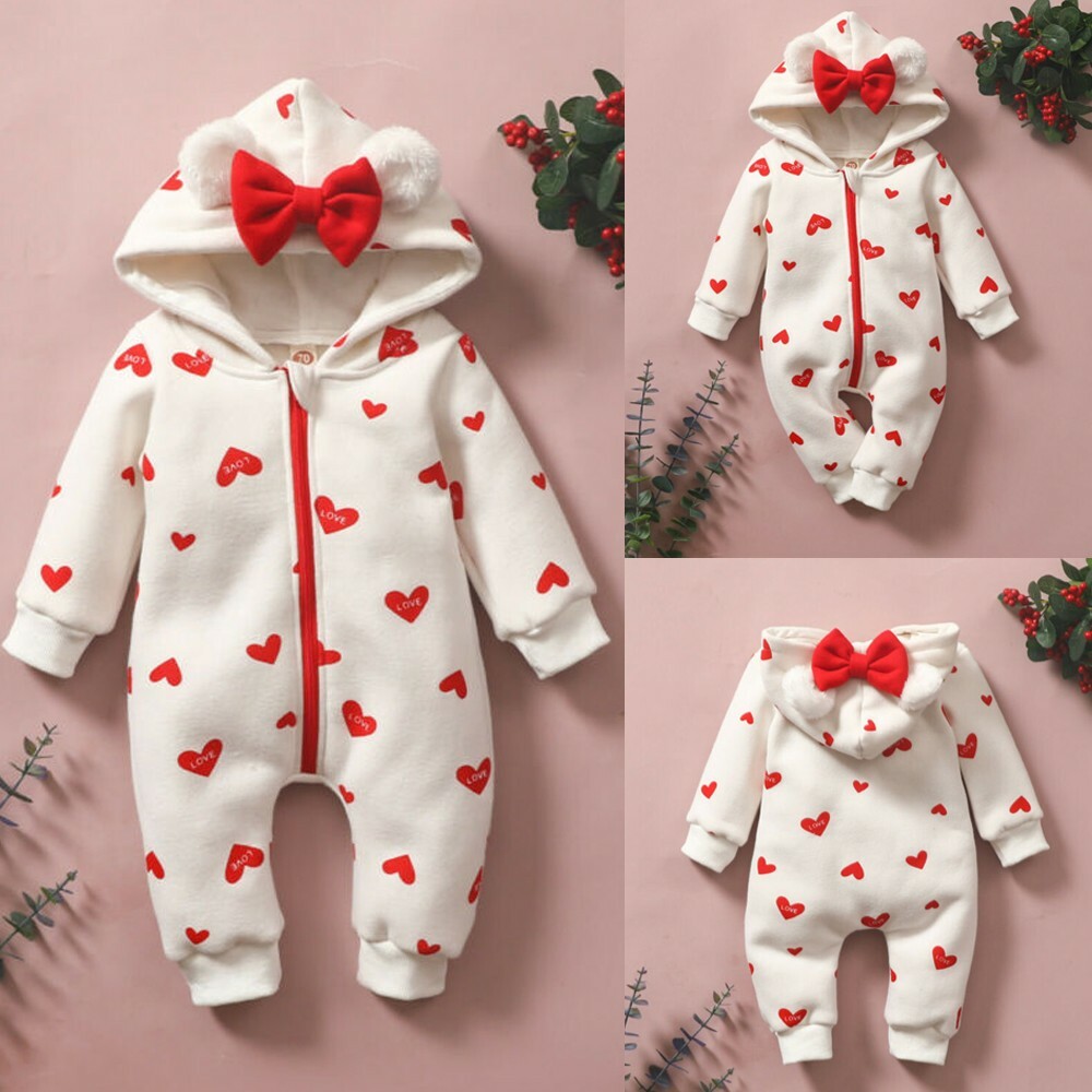 Newborn Infant Baby Girl Letter Print Hooded Bow Romper Jumpsuit Outfits Clothes