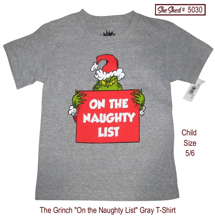 Grinch Naughty List Kids T-Shirt Child Size 5/6 Gray Dr Seuss Christmas Tee NWT