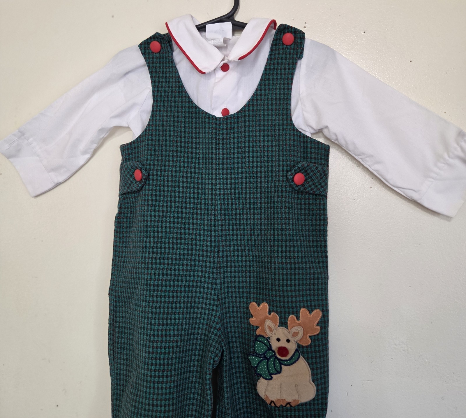 Reindeer Overalls Outfit Baby 18 Months Christmas Holiday Green Houndstooth 90s