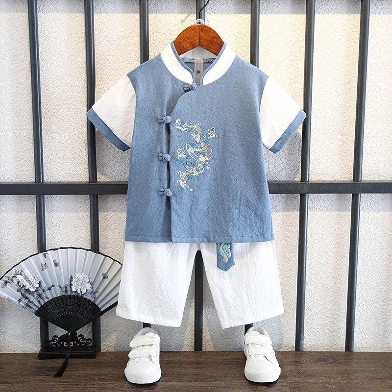 2Pcs Kids Boys Hanfu Tang Suit Chinese Traditional Embroidery Toddler Costume