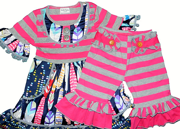 NWT Toddler GIRLS 2-3T PINK, GRAY & BLUE FEATHERS & STRIPES DRESS & CAPRI SET