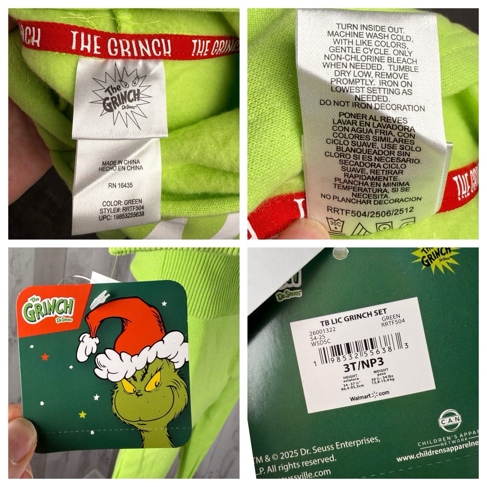 NWT Dr Seuss Grinch Lime Green Fleece Hoodie & Pants 2pc Set Toddler Outfit 3T