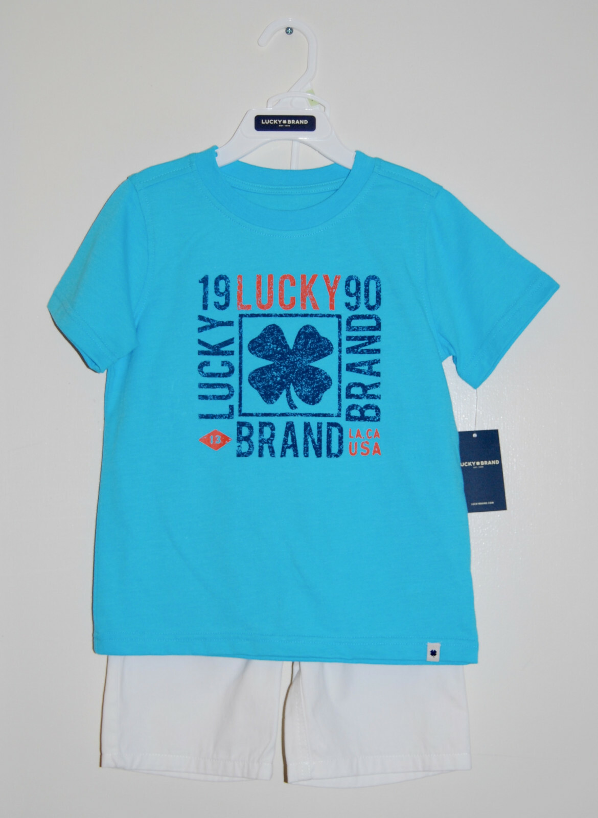 NWT Lucky Brand Toddler Boys Aqua Blue & White Logo SS T-Shirt Short Set sz 4T