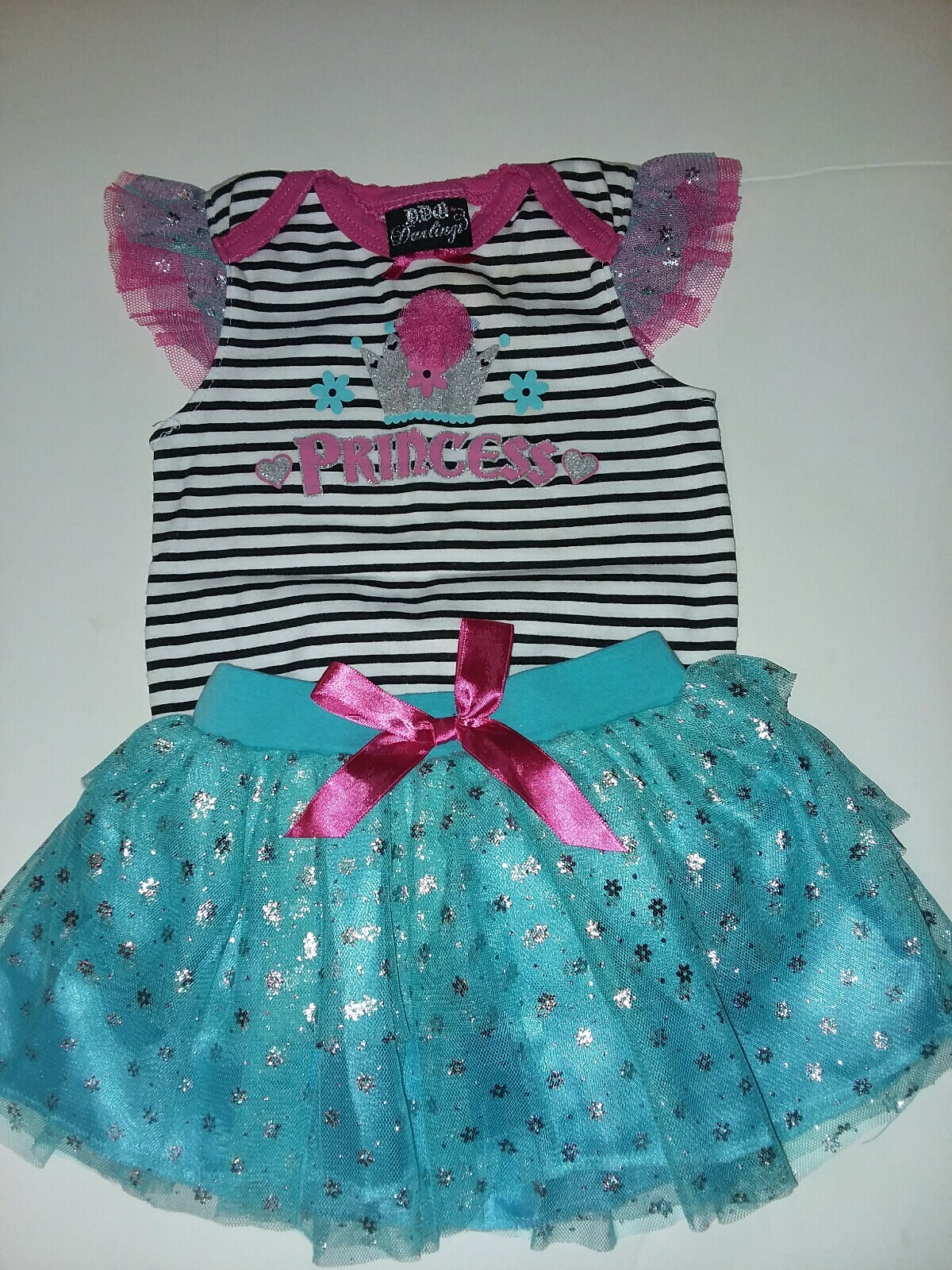 DDG Darlings 2 Pc Princess Tulle Set Outfit Striped Crown Sz 6-9 Months Girls