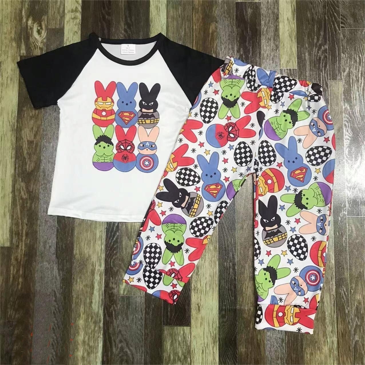 NEW Boutique Boys Easter Super Hero Bunny Peeps Short Sleeve Outfit Set