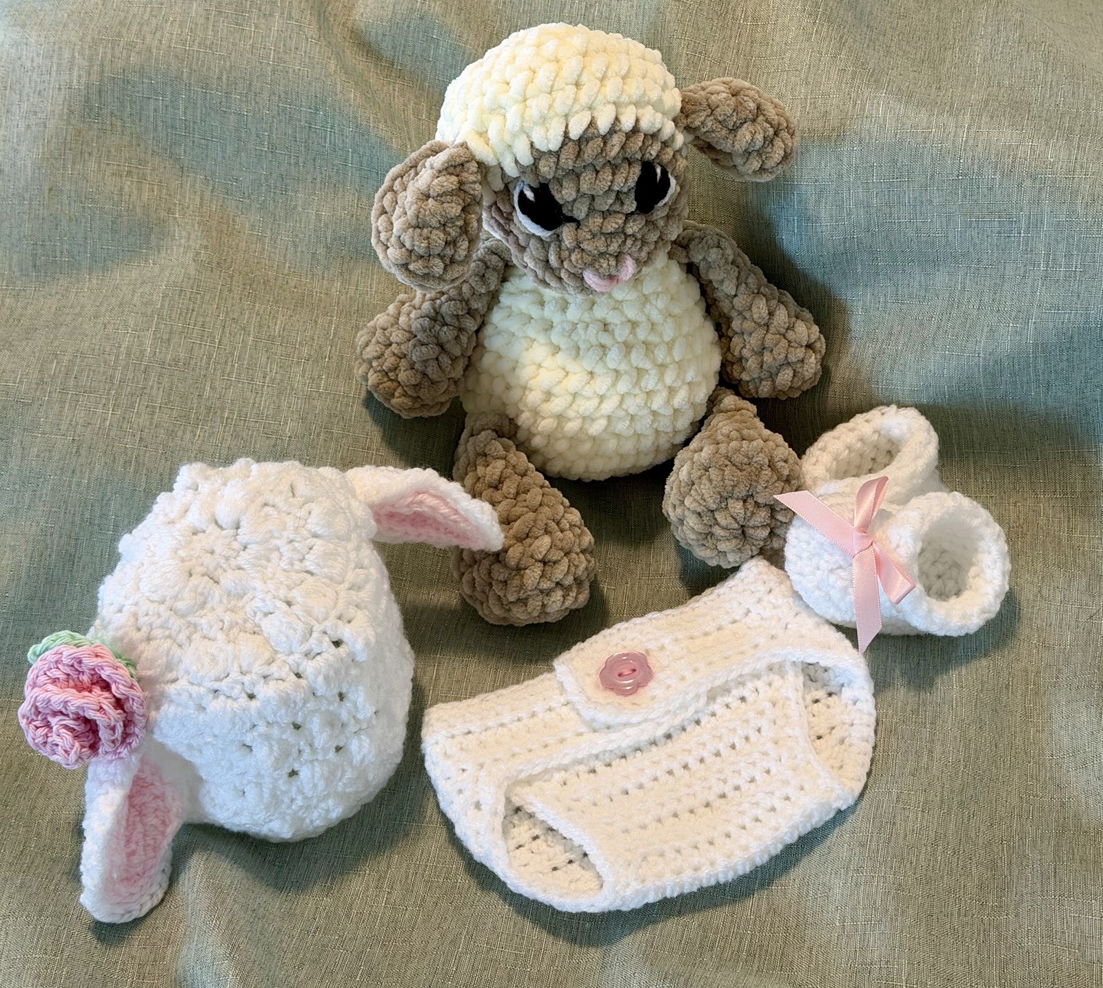 Handmade Crochet stuffed lamb with newborn lamb diaper cover outfit set