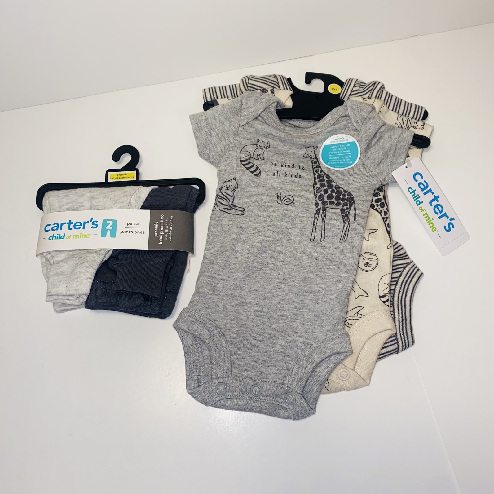 Carters Child Of Mine Baby Boy 5 Piece Set Size Preemie ZOO Bodysuits Pants NWT