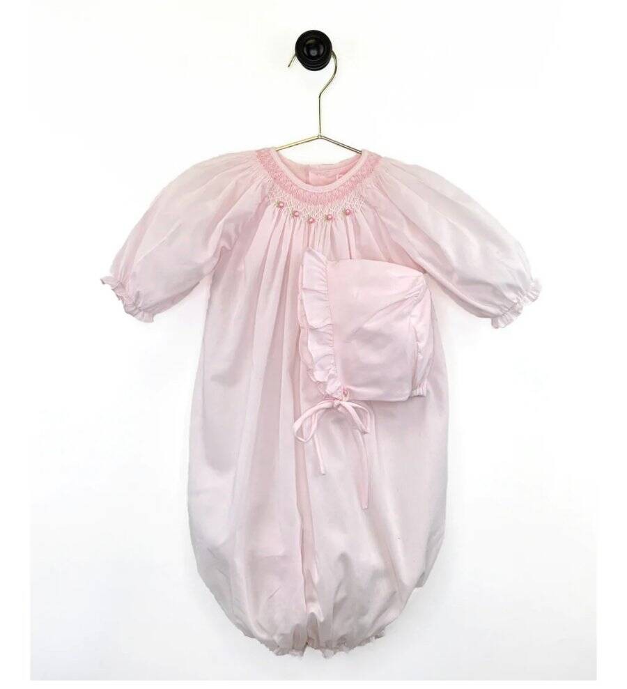 Petit Ami Pink Bishop Smocked Convertible Heirloom Bag Gown with Bonnet 6 Months