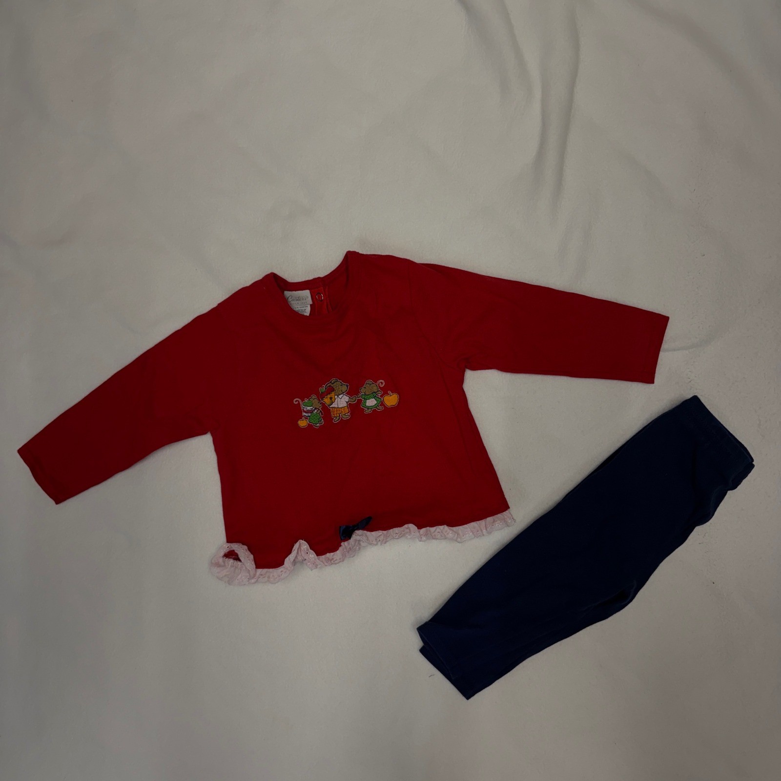 Carters Red Embroidered Apple Long Sleeve Shirt Pants Set 18-24 Months Vintage