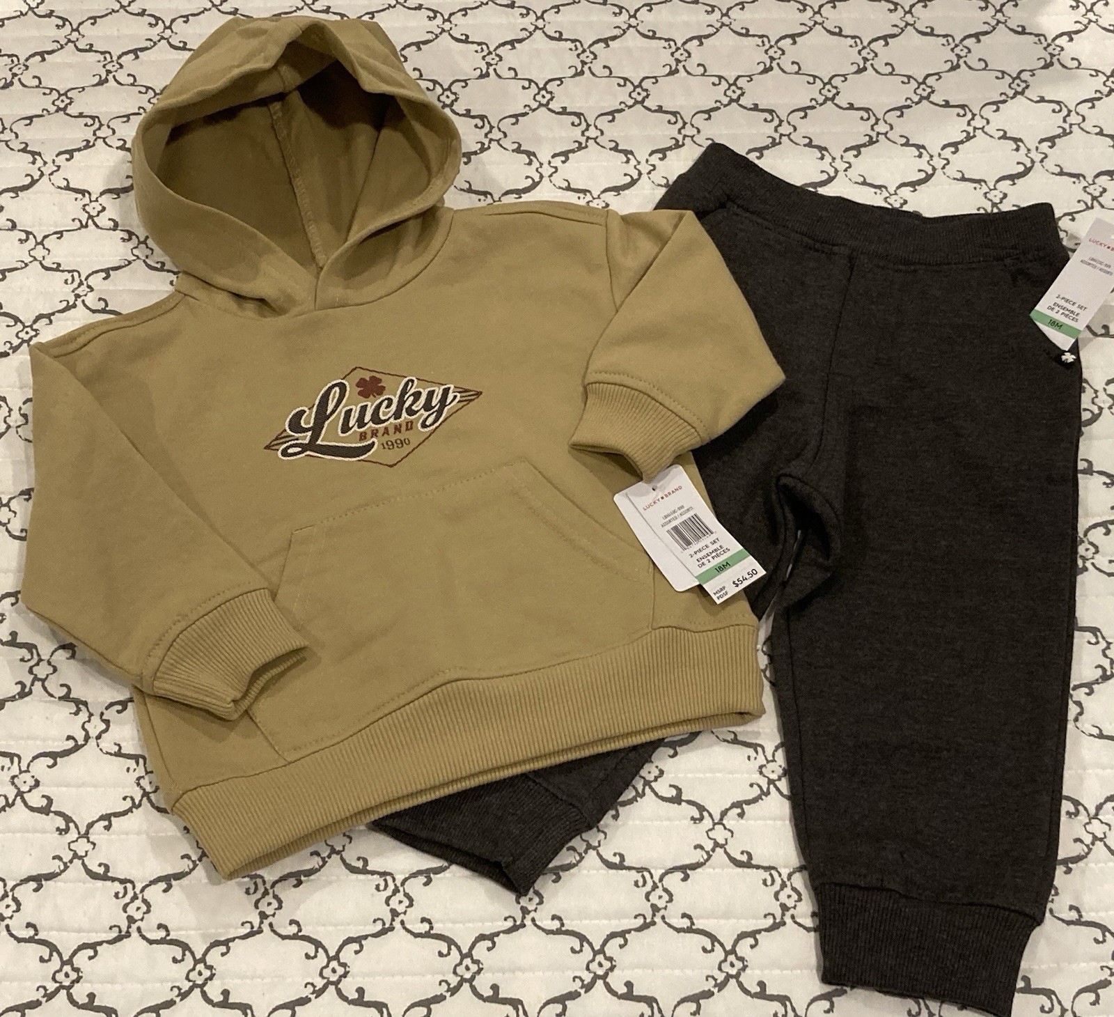 Lucky Brand Cute Baby Boys 18 mo 2-Piece Set Tan Logo Hoodie Pants w/Pockets NWT