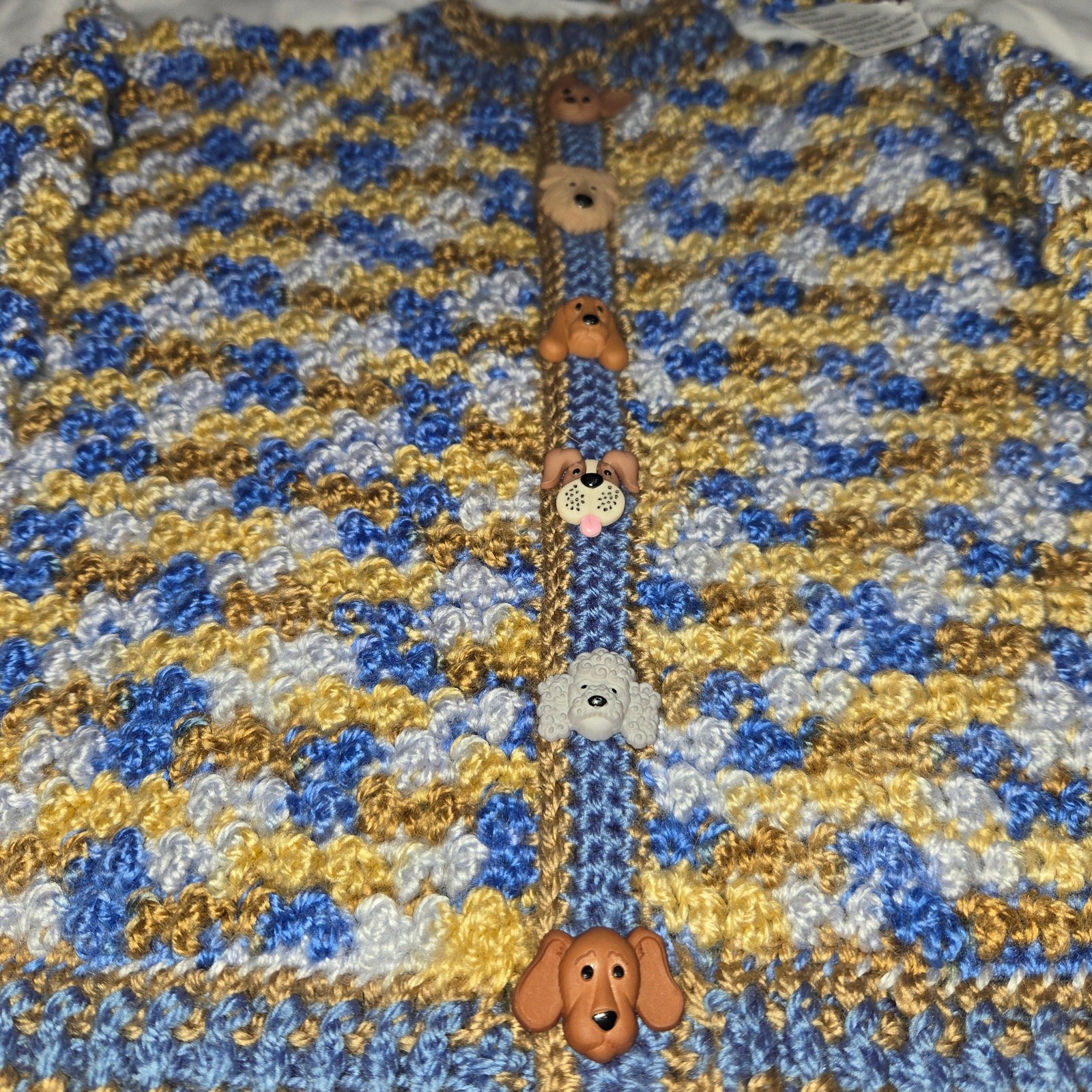 Hand Crochet Baby Sweater & Hat Set 9-12 Month Dog Buttons Poodle Hound Blue New