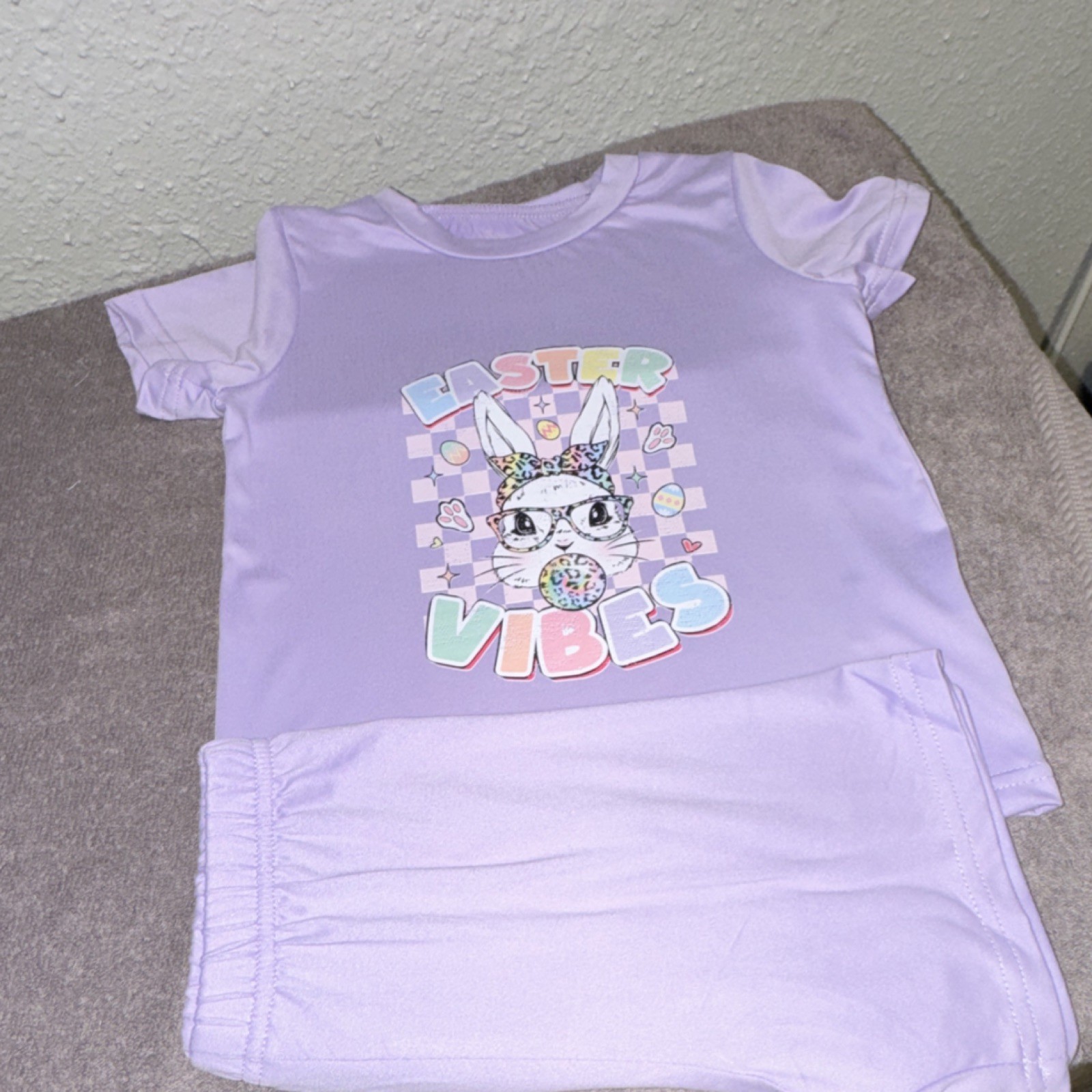 Lavender Easter Bunny Graphic Print Spring Outfit Set 3 T-Shirt Shorts