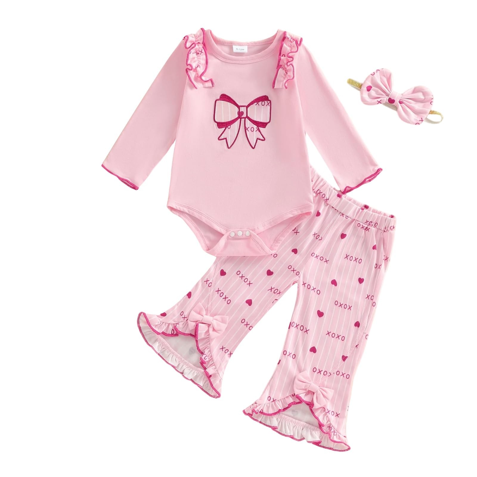 Infant Baby Girls Outfits Long Sleeve Crew Neck Bow Print Romper Elastic Wais…