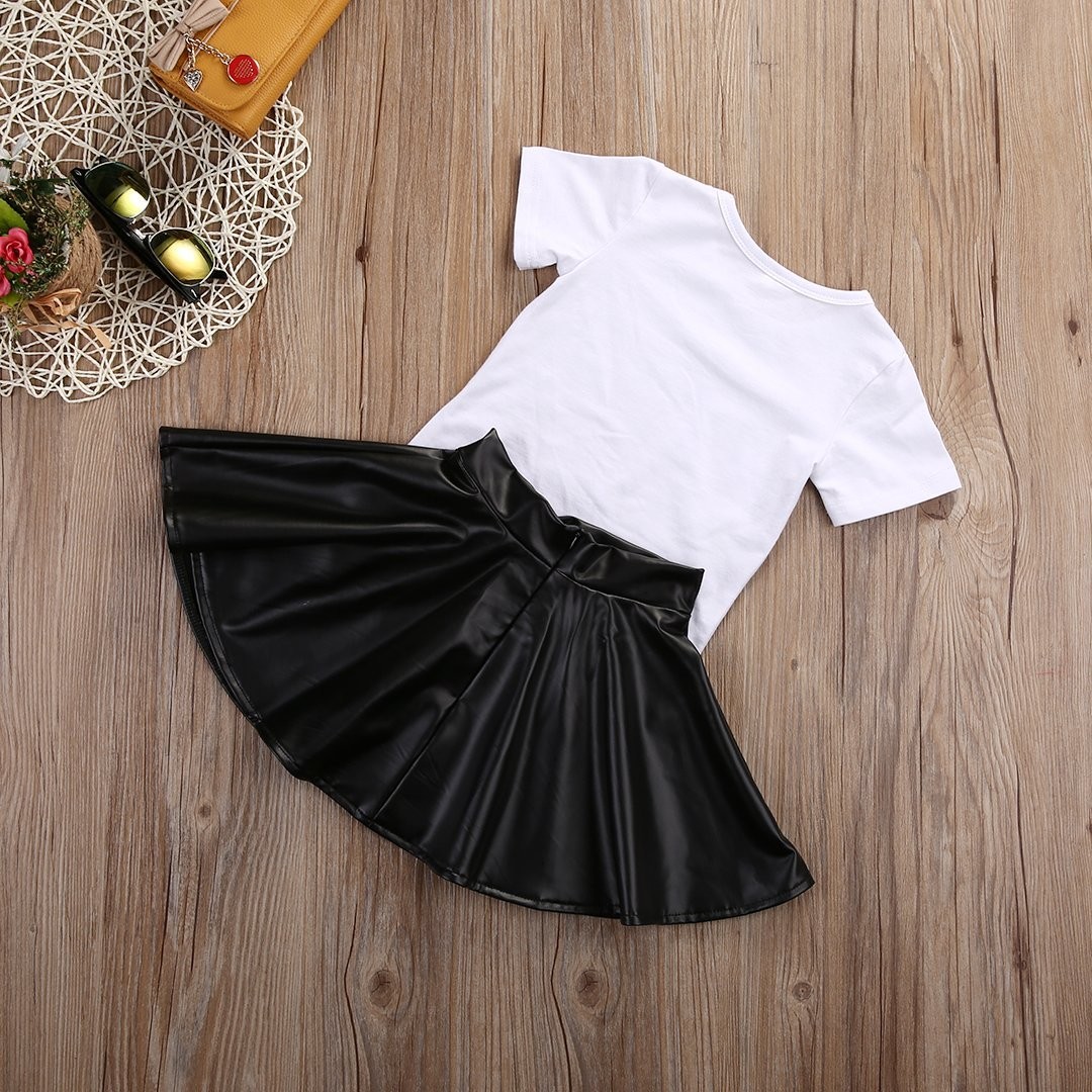 Kids Baby Girls Mini Boss Letters Short Sleeve Tops +Leather Skirt (Variety