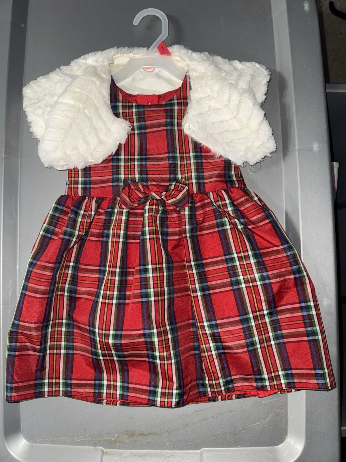 WONDER NATION GIRLS SIZE 2T RED SILKY PLAID DRESS / WHITE BOLERO SET NWT